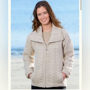 Double Collar Zip Merino Aran Cardigan